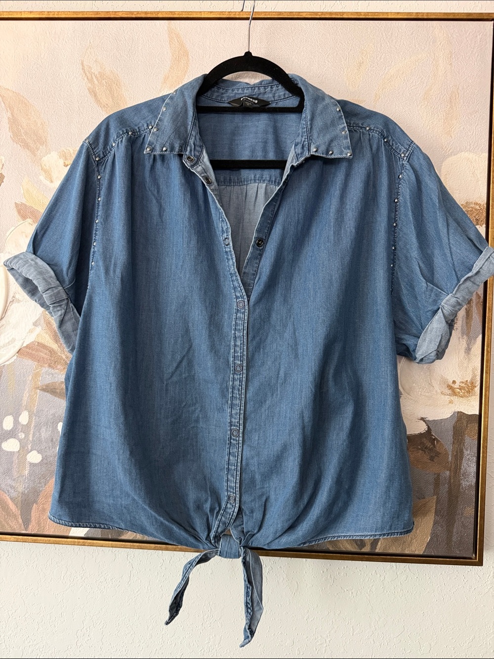 Express Light Blue Denim Tie-Front Button Down Shirt